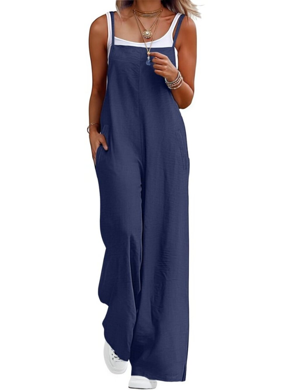 Womens Casual Loose Jumpsuits Summer Boho Wide Leg Rompers Sleeveless Overalls
